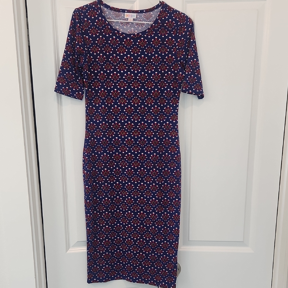 LuLaRoe Navy and Red Geometric Midi Dress